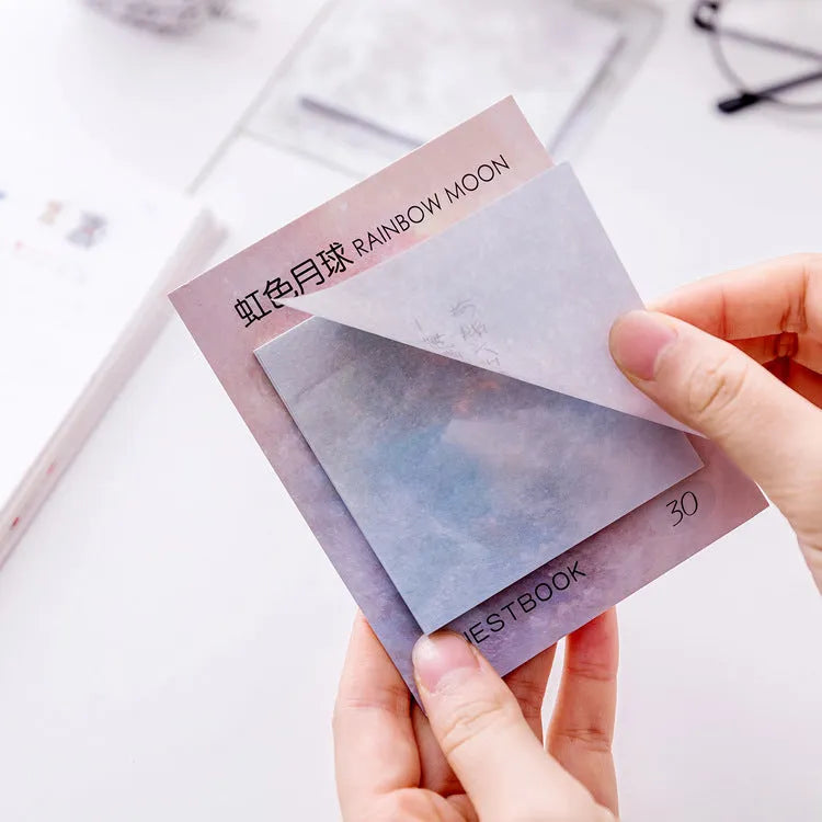 Square planet sticky notes showing Earth, Mars, and Mercury designs at 7.3cm dimensions