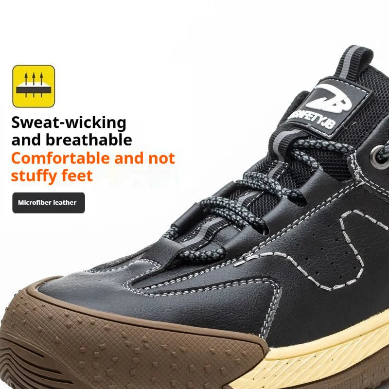 Flyknit leather safety work shoes with rubber soles in black, khaki, grey and insulated brown colour options