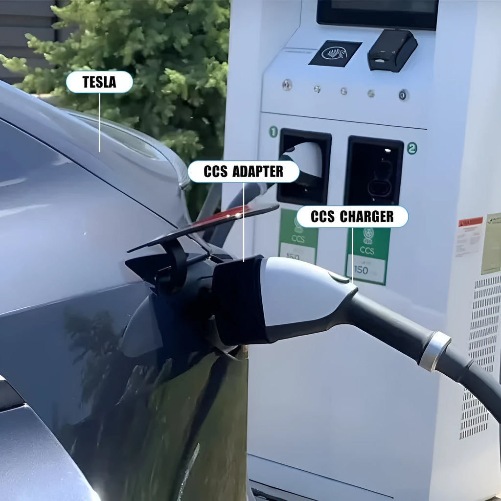 Black Tesla charging plug converter adapter for American standard EV charging points.
