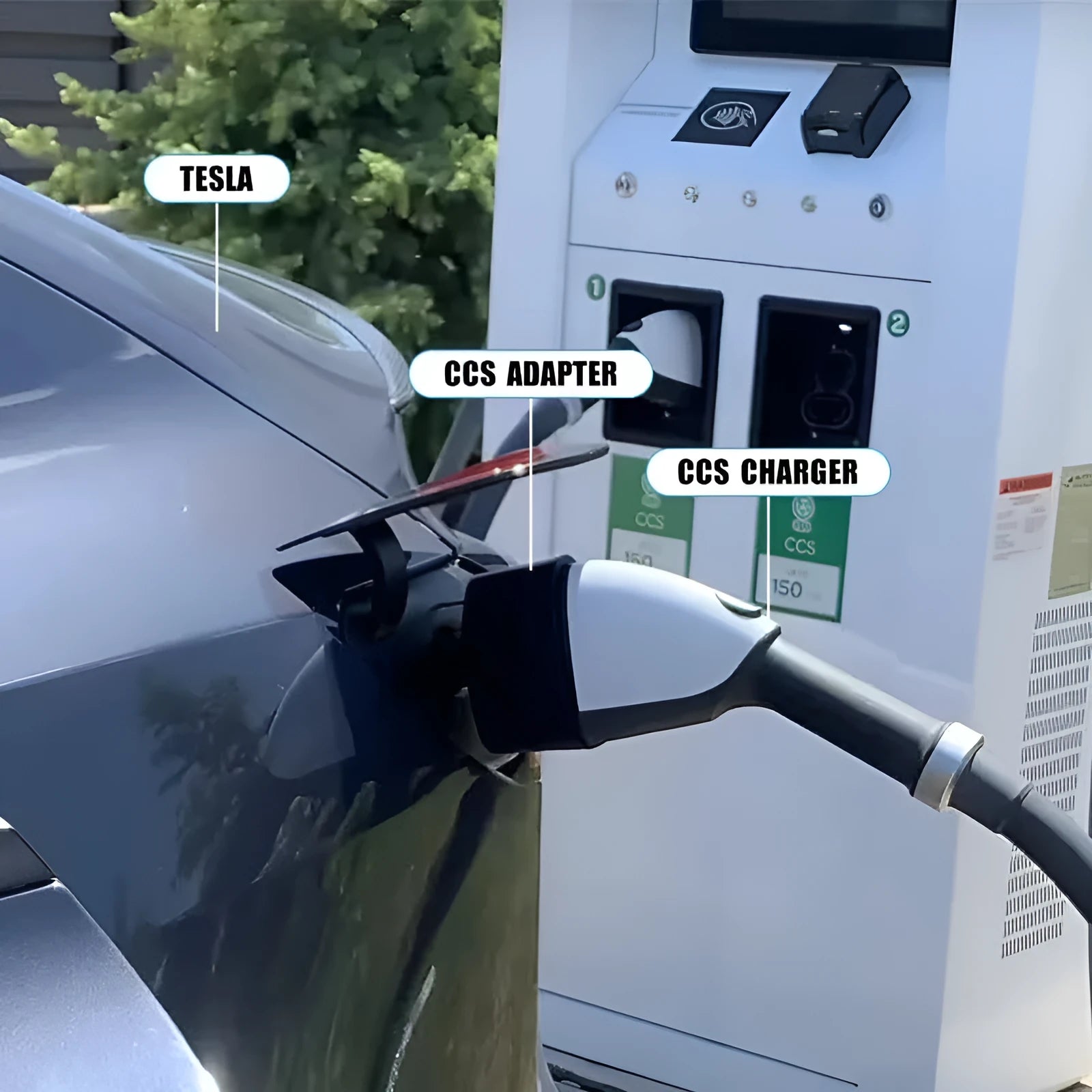Black Tesla charging plug converter adapter for American standard EV charging points.