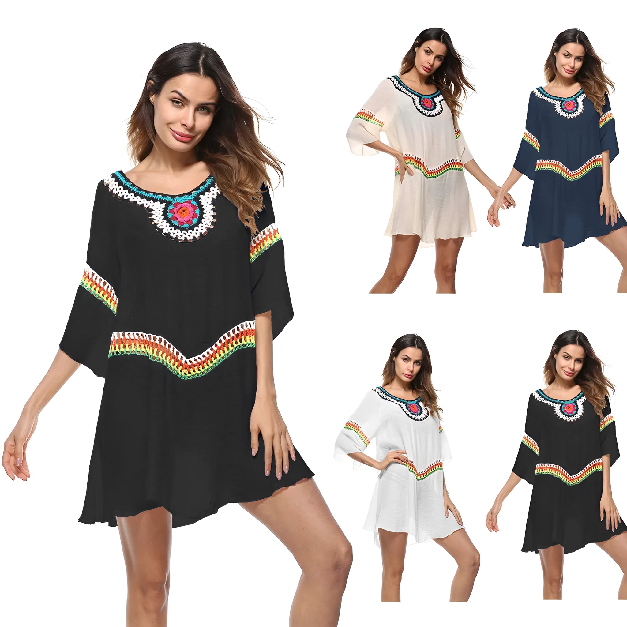 Crocheted ethnic-style white acrylic beach cover-up for women on a mannequin