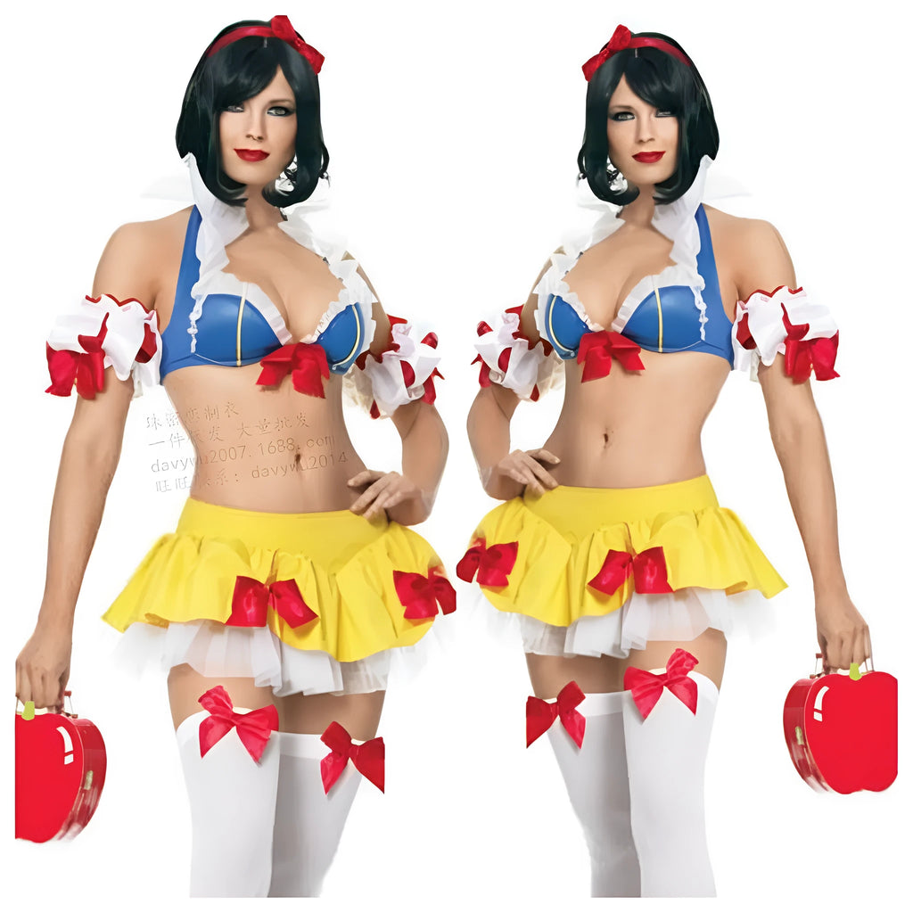 Snow White anime cosplay dress complete set with headdress, top, short skirt, and hand sleeves