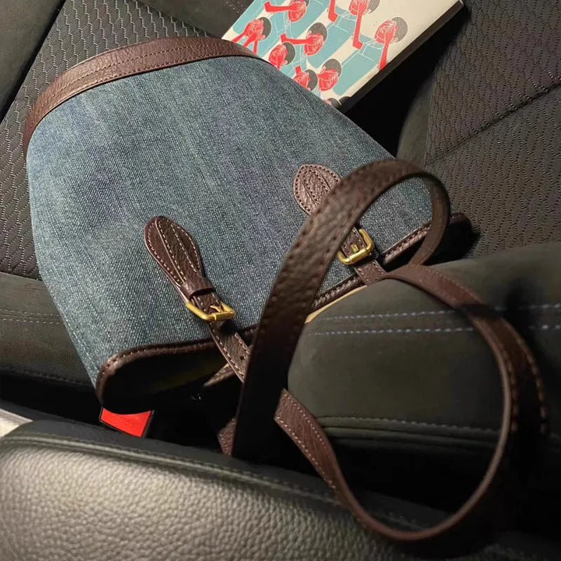 Denim colour patchwork one-shoulder bucket handbag with large capacity