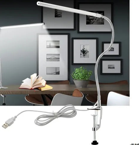 Silver aluminium alloy USB LED table lamp with a long arm and clip, showing 48 SMD beads for nail lighting.
