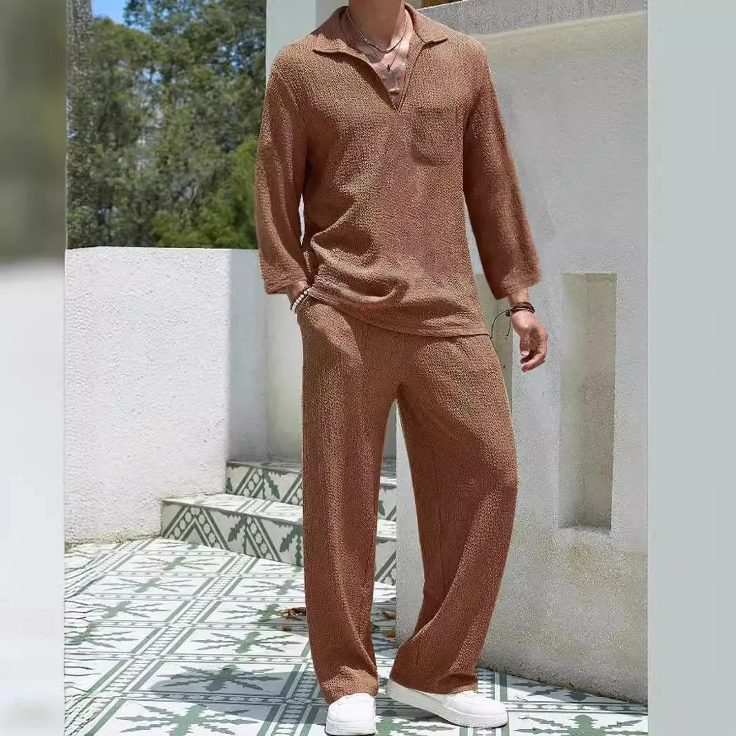 Men's casual shirt trousers suit in polyester fabric available in four colours