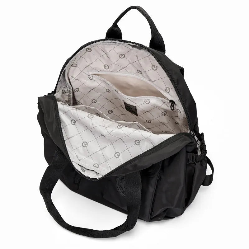 Outdoor nylon backpack with sandwich pockets showing black, khaki and green colour options