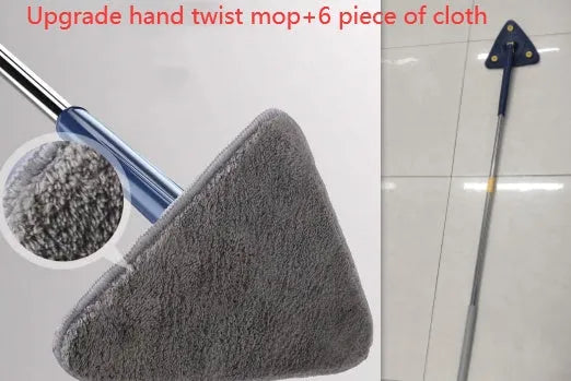 Blue extendable triangle mop with rotating head and microfibre cloth on a tiled floor.