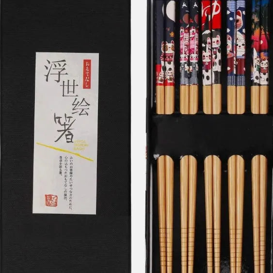 Set of bamboo chopsticks with Japanese lucky cat and elegant blue patterns in gift box or simple packaging.