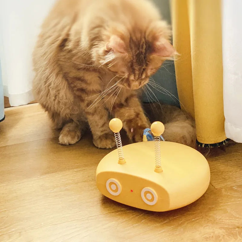 Electric robot cat toy with USB charging, feather stick, and laser in blue grey and yellow