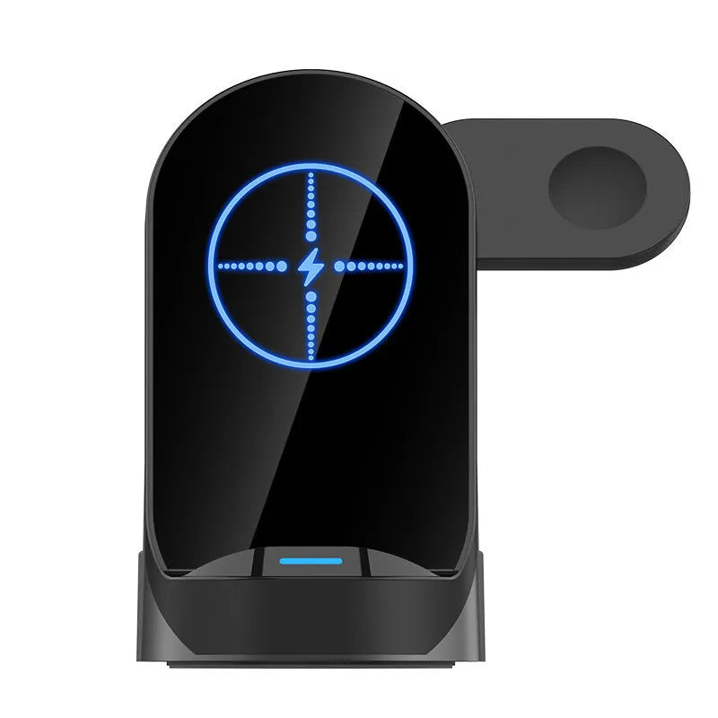 Black grey foldable 3-in-1 wireless charging vertical stand for mobile phone, Apple Watch, and earbuds.
