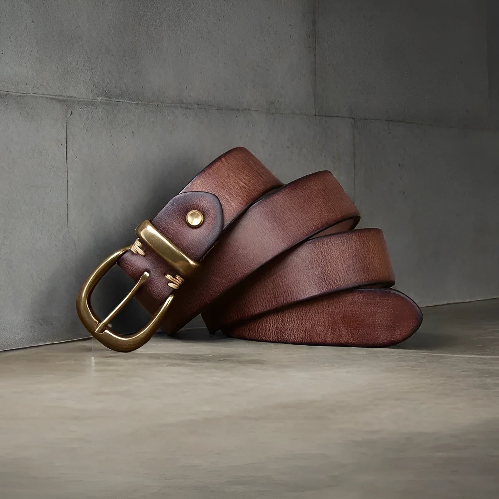 Men's casual leather belt with copper pin buckle in black, brown and khaki colours