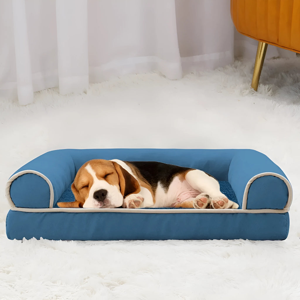 Square sponge dog bed with a breathable cloth cover, shown in blue colour.