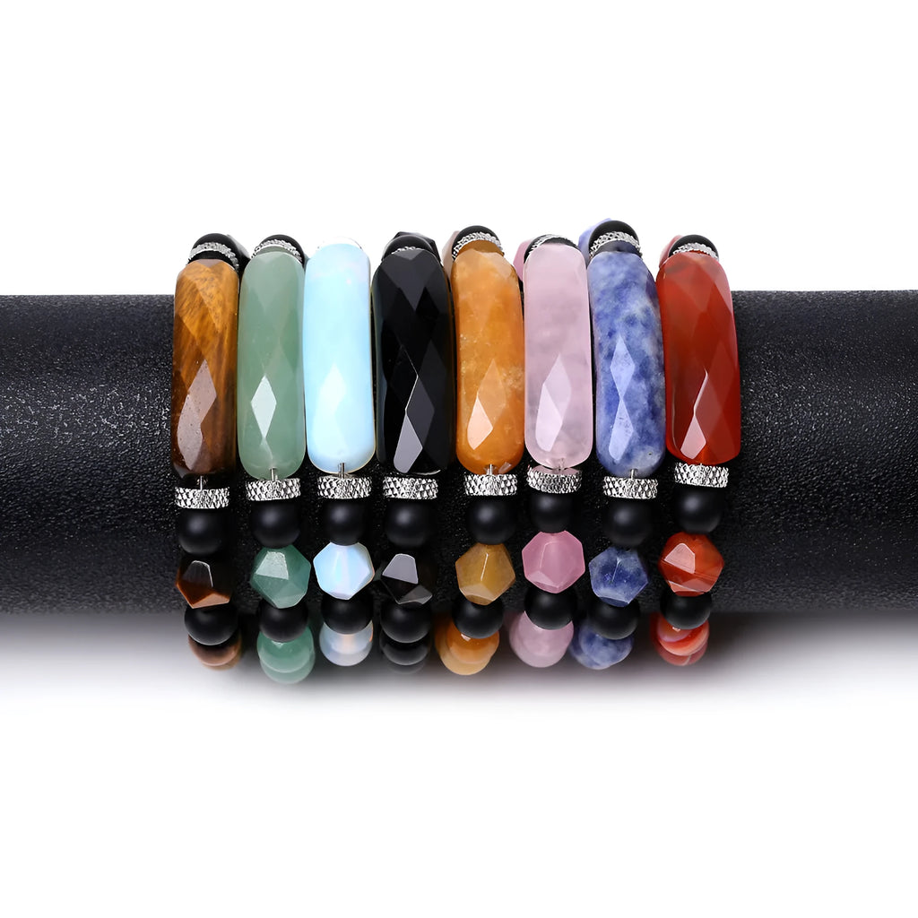 Handmade black agate diamond cut bracelet with geometric fan design on wrist