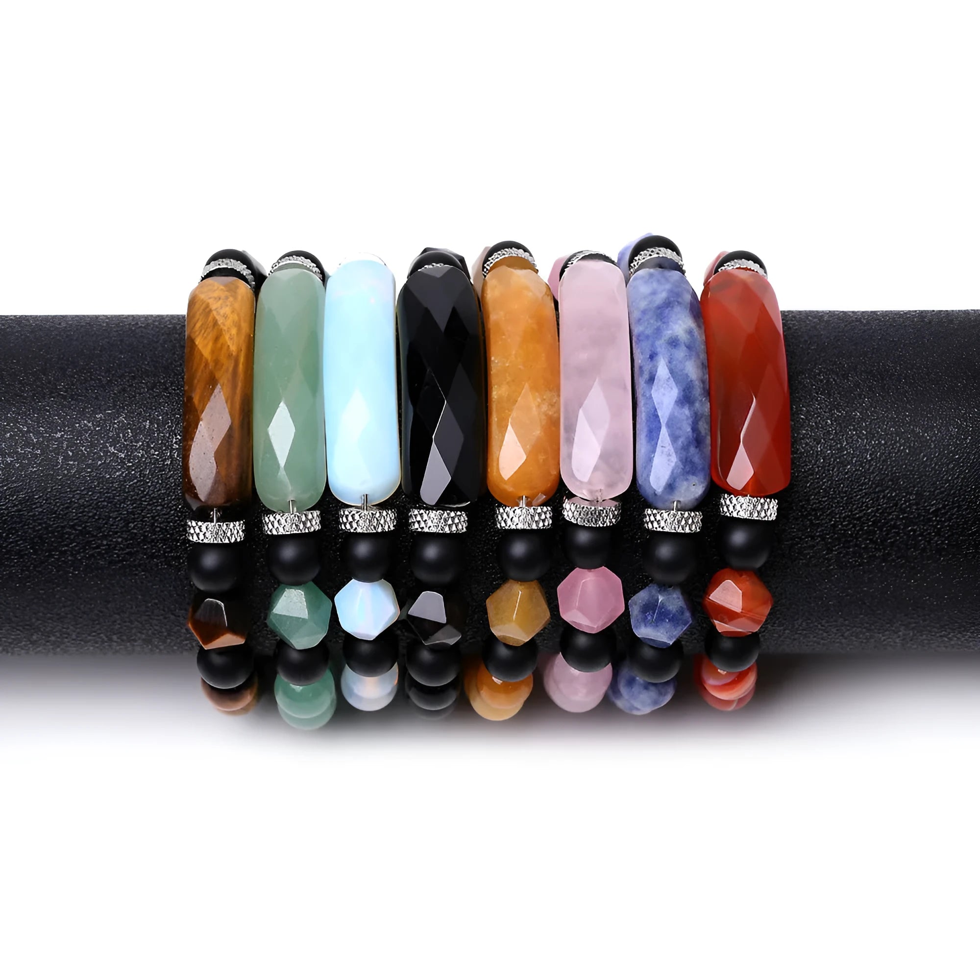 Handmade black agate diamond cut bracelet with geometric fan design on wrist