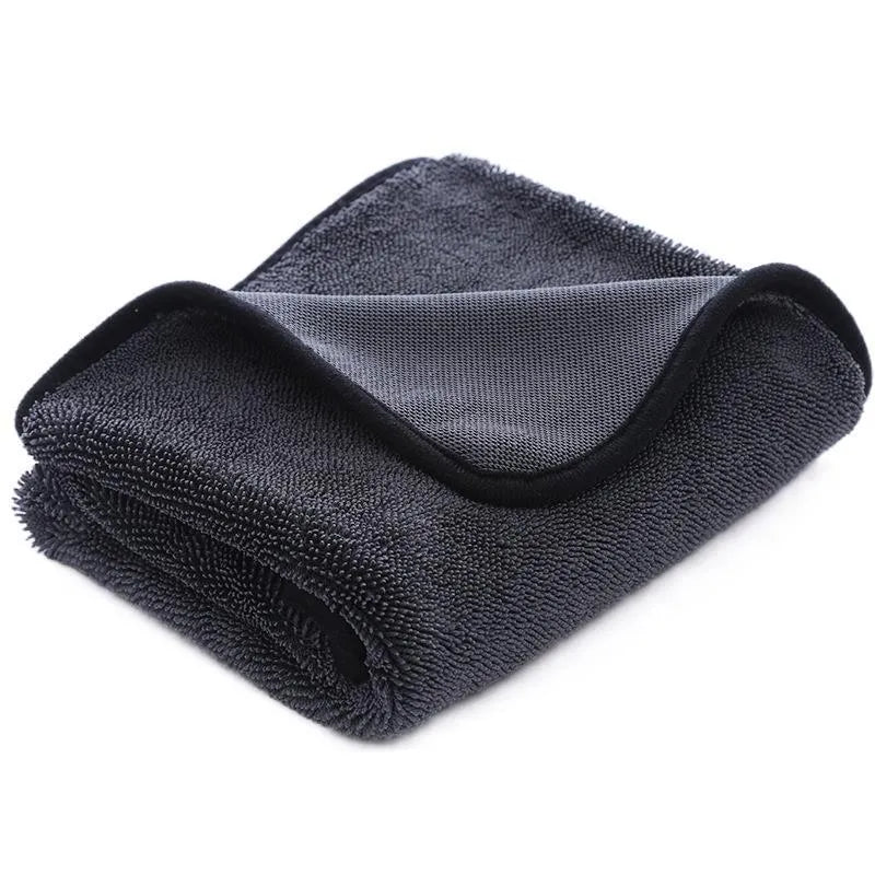 Grey braided twisted car cleaning towel shown with red edge variant, sizes range from small to large.