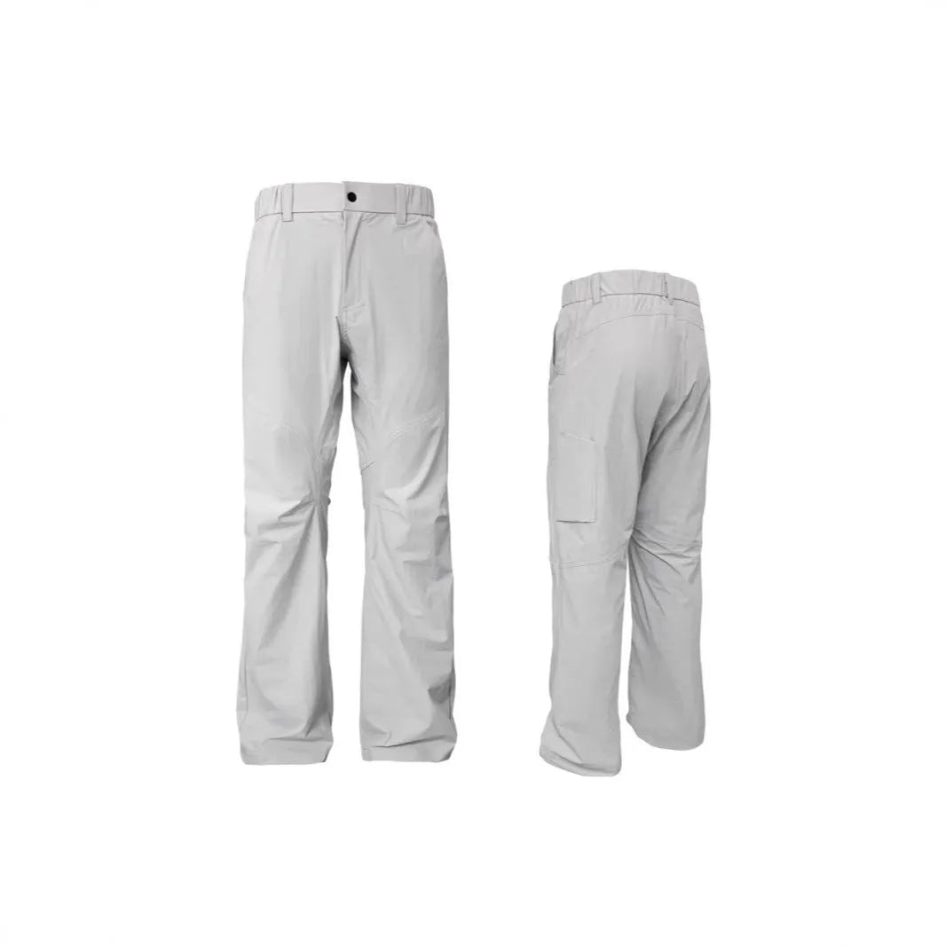 3D cut straight leg trousers with elastic waistband in five colour options showing contemporary deconstructed design