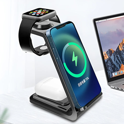 White upright wireless phone charger with dual-coil technology and QC3.0 support on a desk