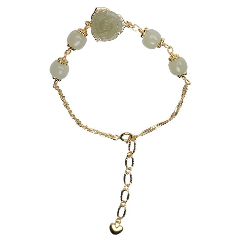Women's bracelet with Hetian jade rose design and 14K gilded floral elements