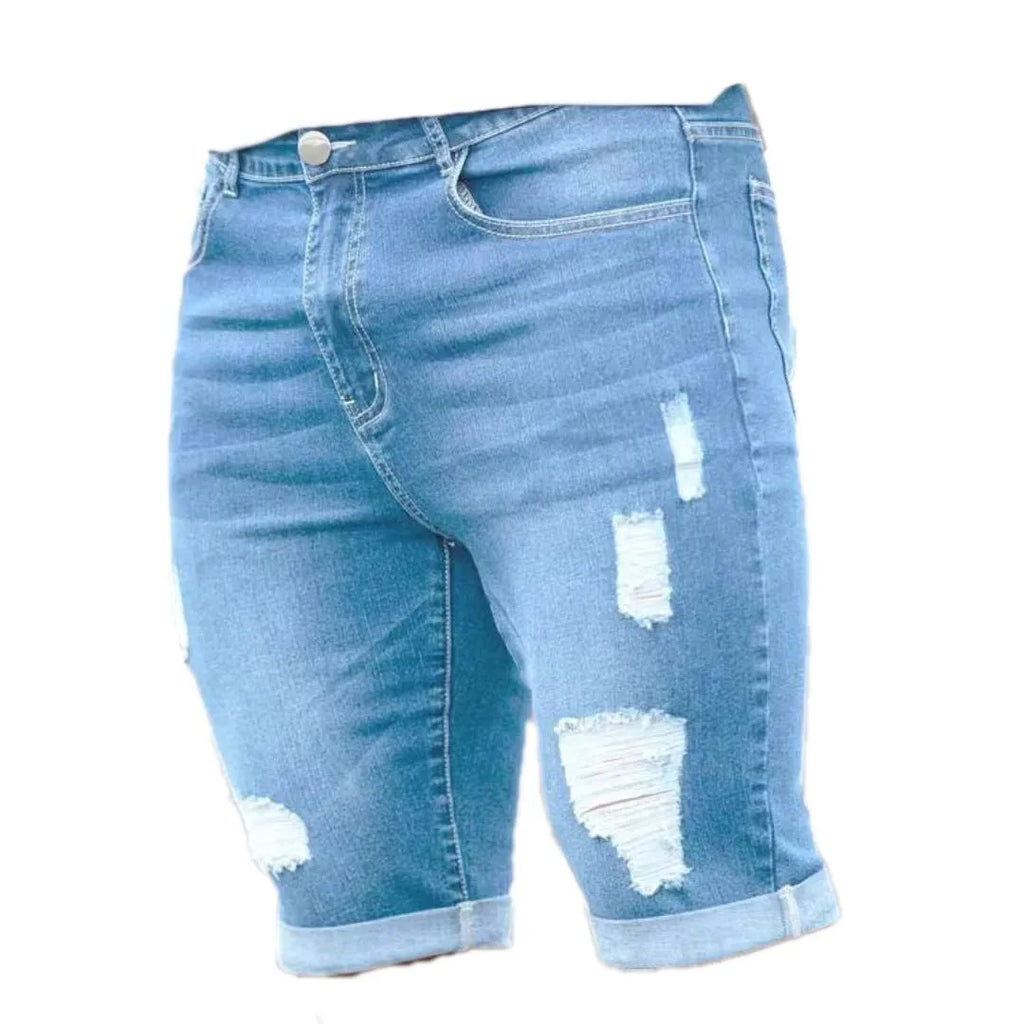 Men's sky blue denim shorts with distressed holes and straight leg cut