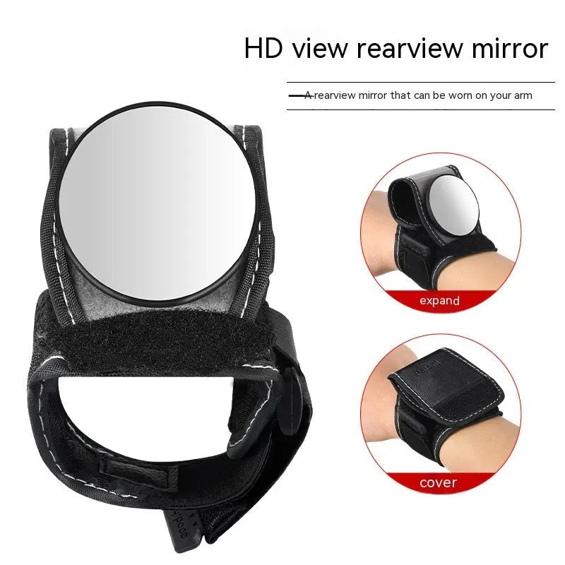 Black nylon wrist-mounted bicycle rear-view mirror with adjustable strap