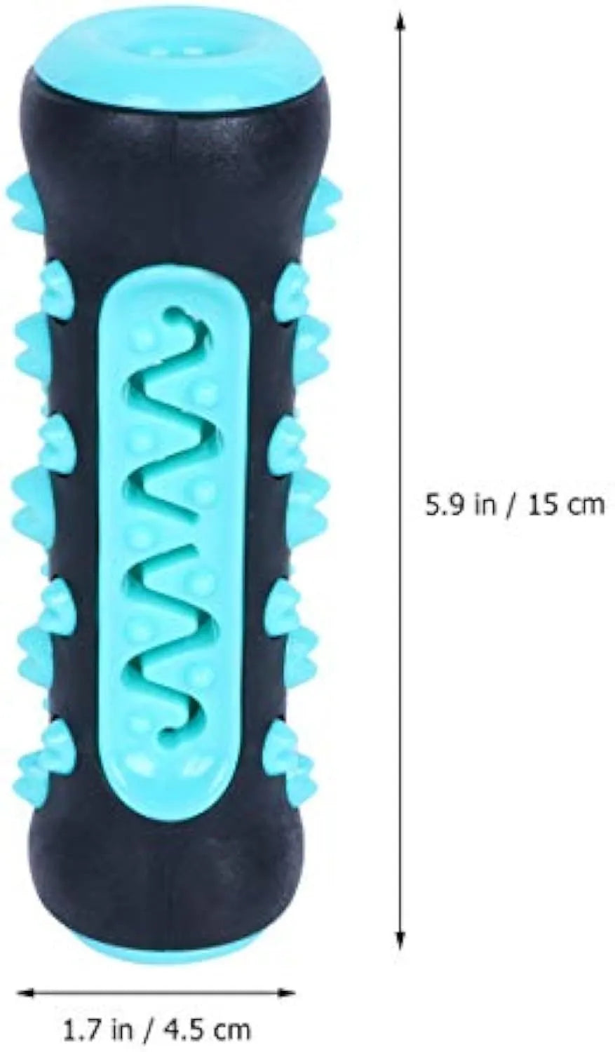 Natural rubber dog toothbrush chew toy in blue, showing textured surfaces and measuring 15 cm long.