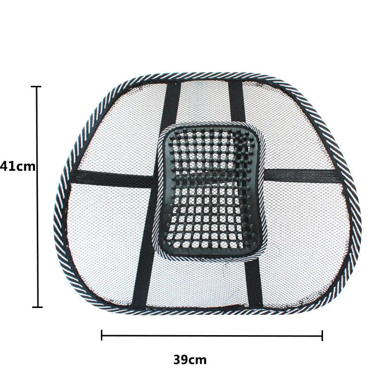 Black leather lumbar support pillow with steel wire frame measuring 41 x 39 cm