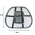 Black leather lumbar support pillow with steel wire frame measuring 41 x 39 cm