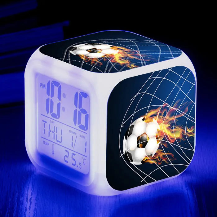 Square football pattern alarm clock with silent function for children