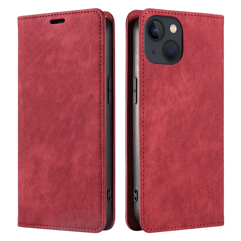 Magnetic leather flip phone case for iPhone in solid colours showing front and back views.