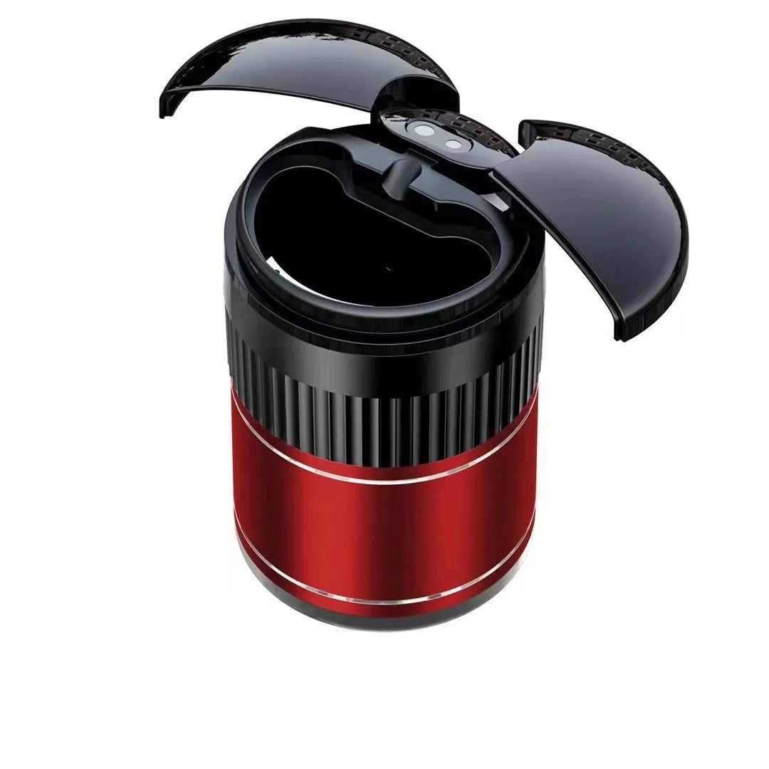 Compact metal automatic car ashtray with sensor lid in black, red, silver, or green