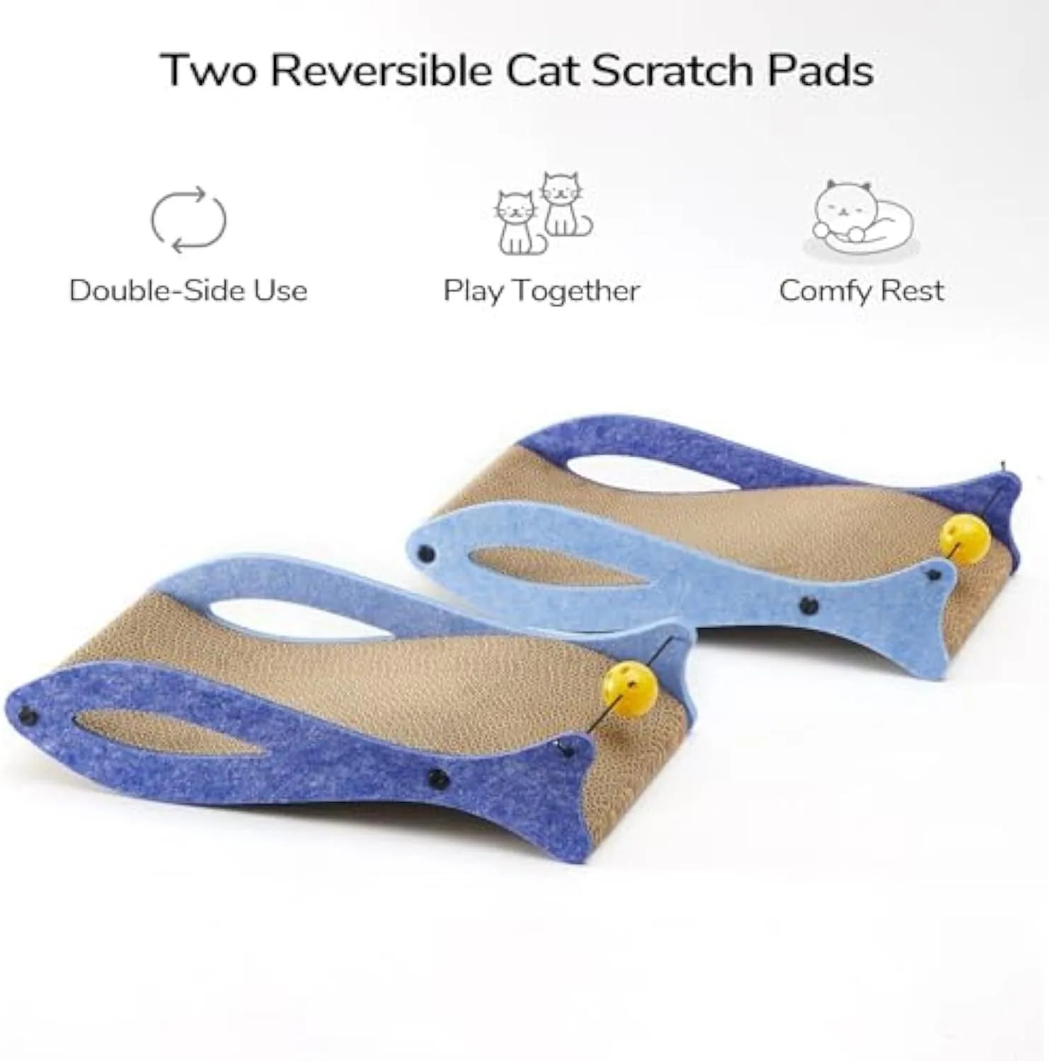 Blue fish-shaped corrugated cardboard cat scratcher lounge with bell ball toy attached.