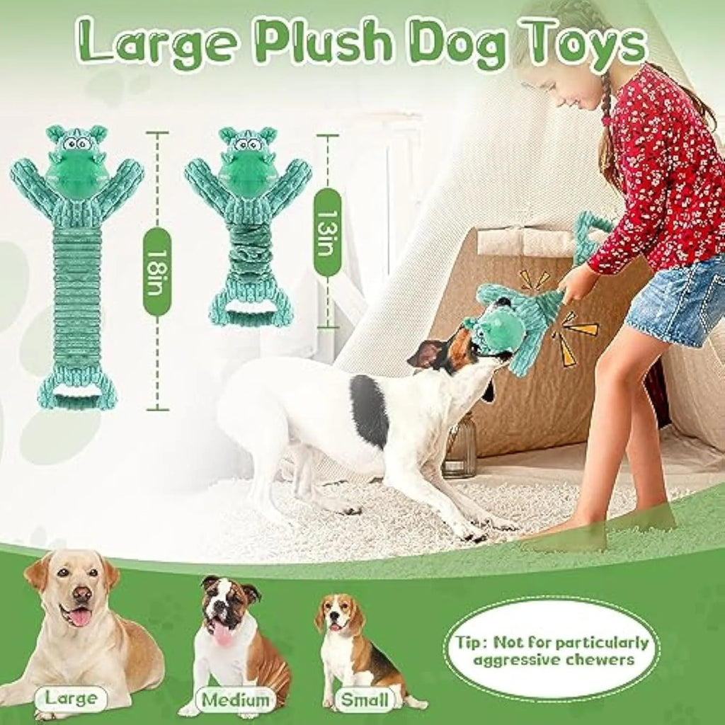 Large blue plush squeaky dog toy with handle for tug of war games