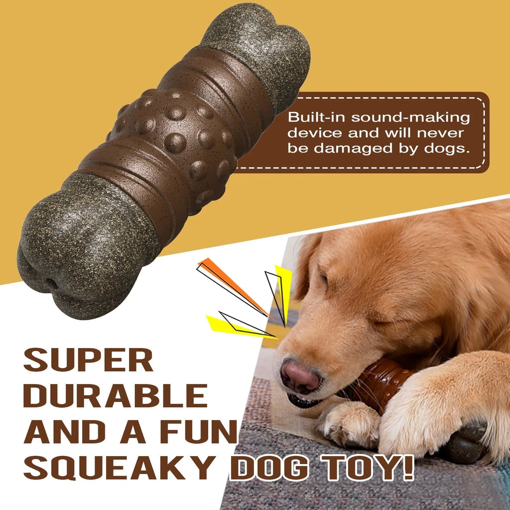 Wood-coloured plastic dog toothbrush toy with bone shape and molar rod texture