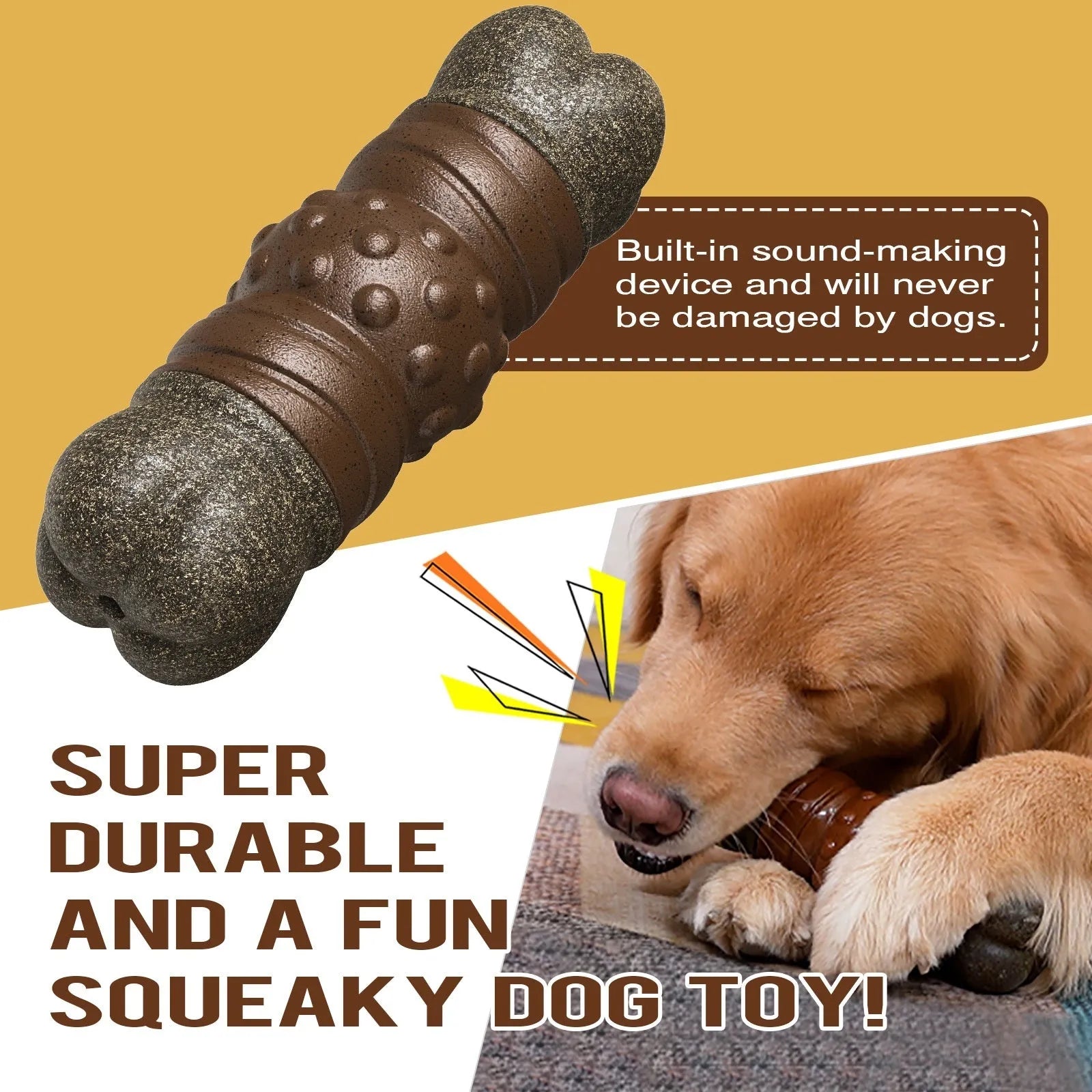 Wood-coloured plastic dog toothbrush toy with bone shape and molar rod texture