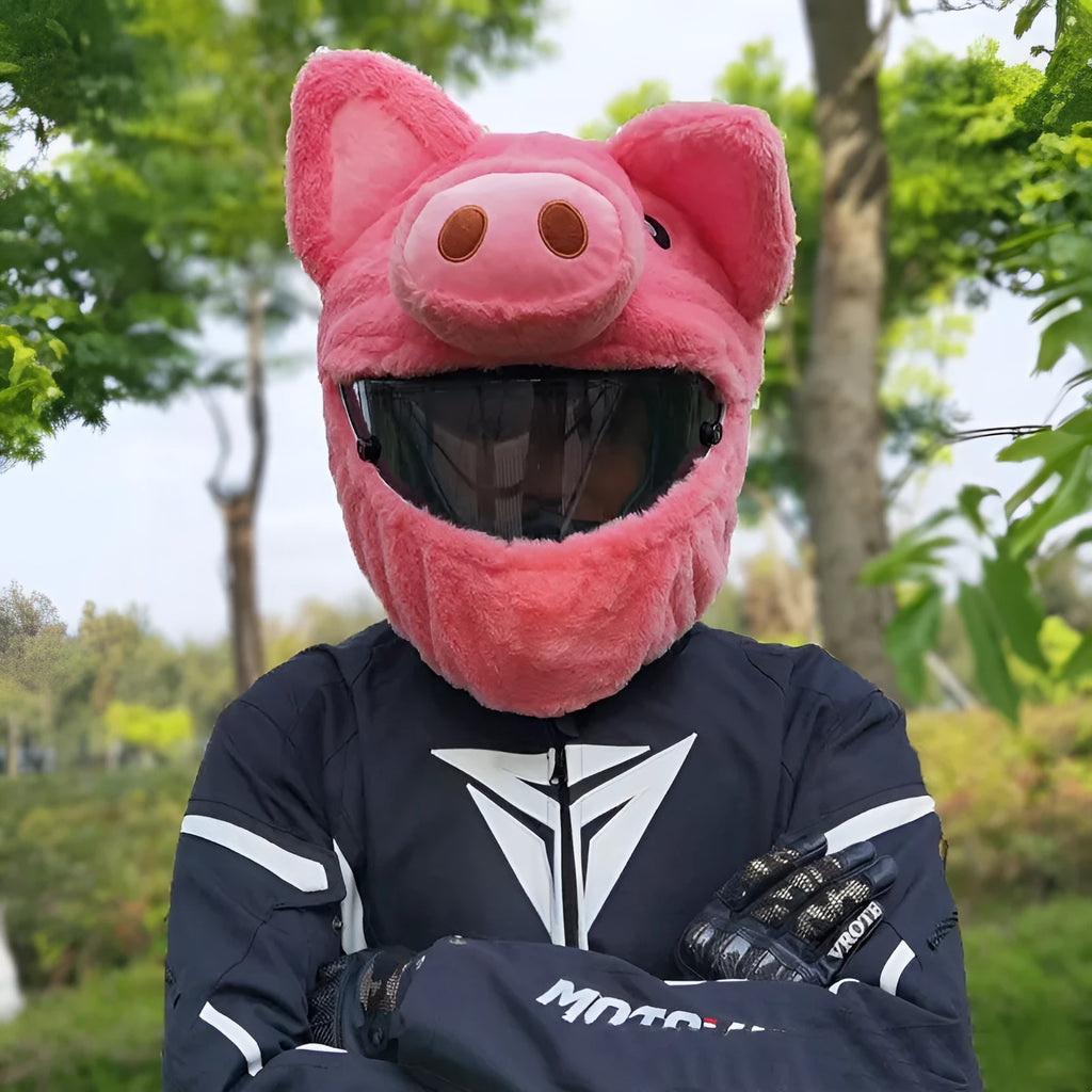 Pink pig cartoon patterned plush protective hood for motorcycle helmets in soft pv velvet cloth