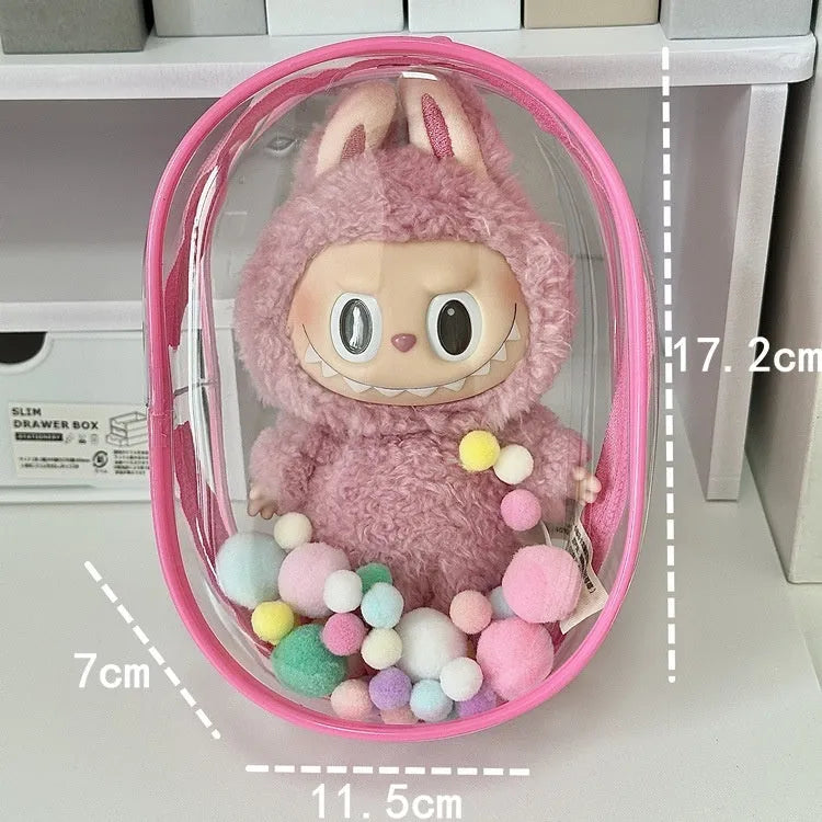 Transparent PVC cartoon backpack storage bag for cotton dolls in cube design