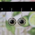 Miao silver geometric flower disk earrings with totem patterns in red, blue or black