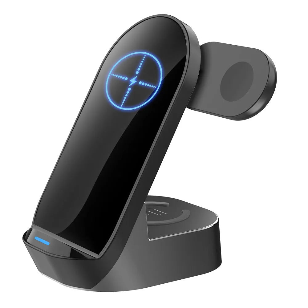 Black grey foldable 3-in-1 wireless charging vertical stand for mobile phone, Apple Watch, and earbuds.