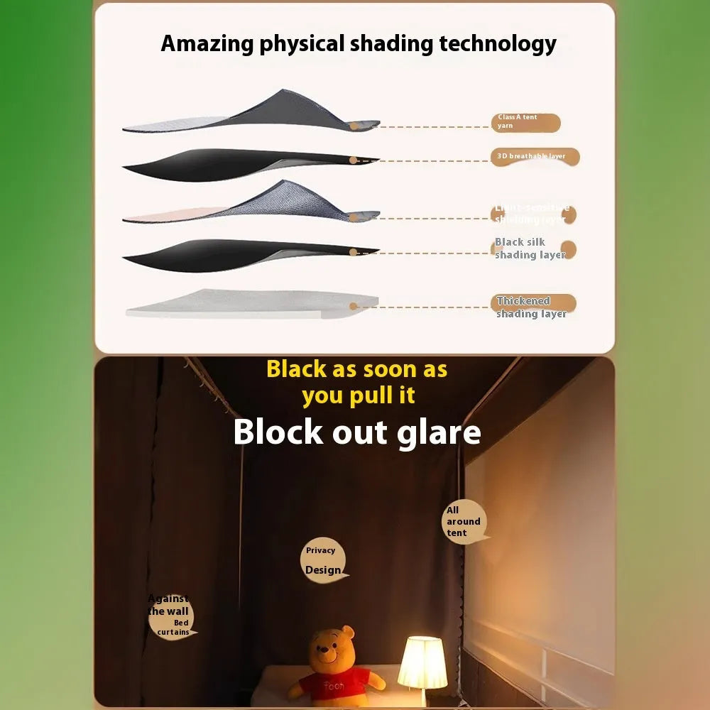 Grey polyester bed curtains with attached mosquito net for a 0.9m wide bunk bed on a three-door bracket.