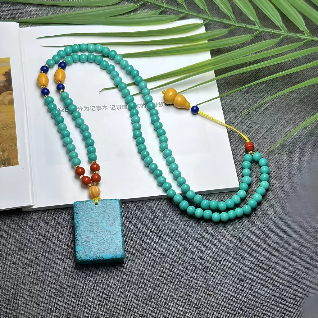 Turquoise stone mesh flower lucky pendant necklace on ball bead chain with adjustable length