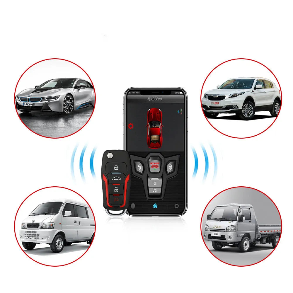 Red and black one-way car alarm remote control system with two remotes for 3000m range vehicle security.