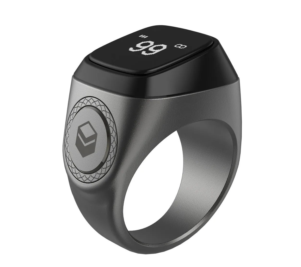 Zikr1 metal smart ring with OLED display showing prayer count, worn on a finger.