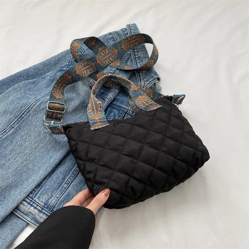 Soft Oxford cloth shoulder messenger bag in horizontal square design with single strap and sandwich pocket