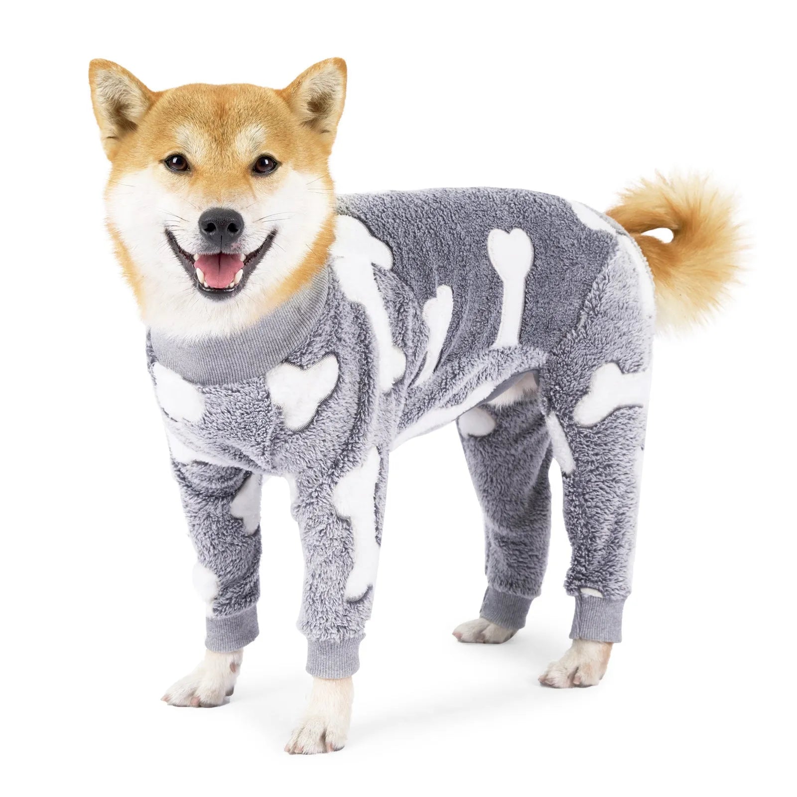 Winter flannel dog pajamas in bone grey colour, sizing from XS to XXXL for small to large dogs