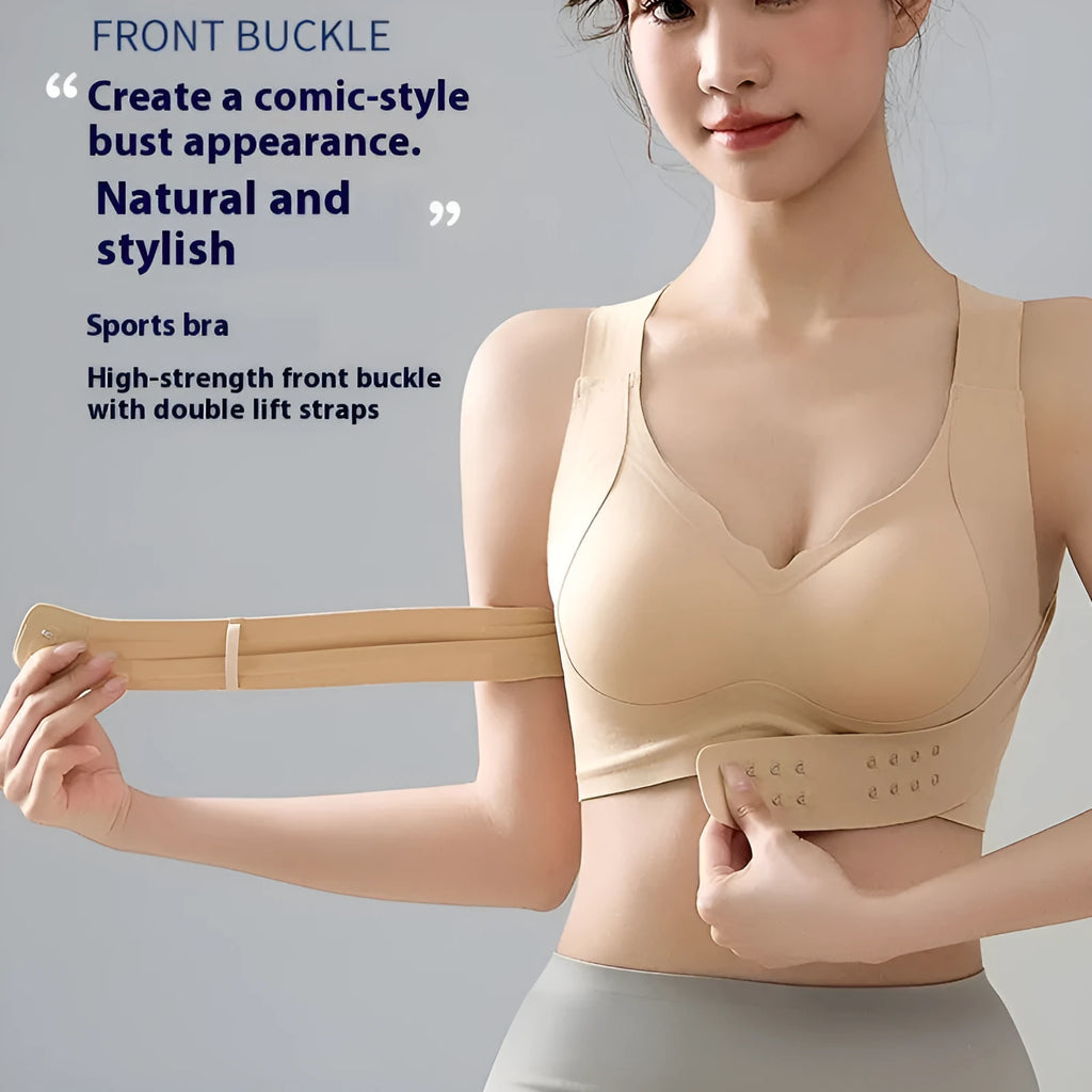 Women's front buckle back shaping sports bra for yoga in black, white, or nude.