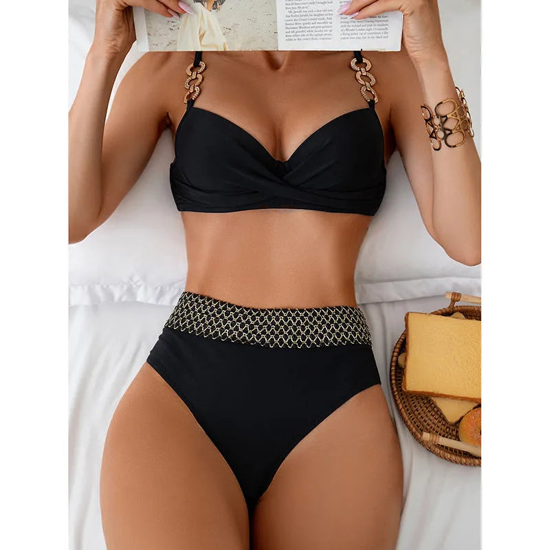 Black European American bikini split swimsuit with sleeveless briefs design
