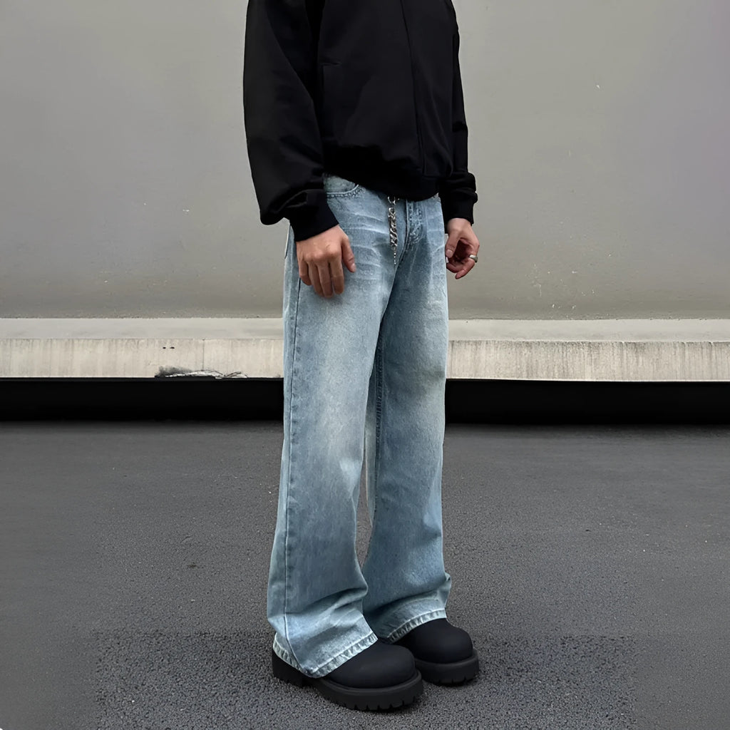 Men's blue retro whisker washed straight leg jeans with medium-high waist and flared leg