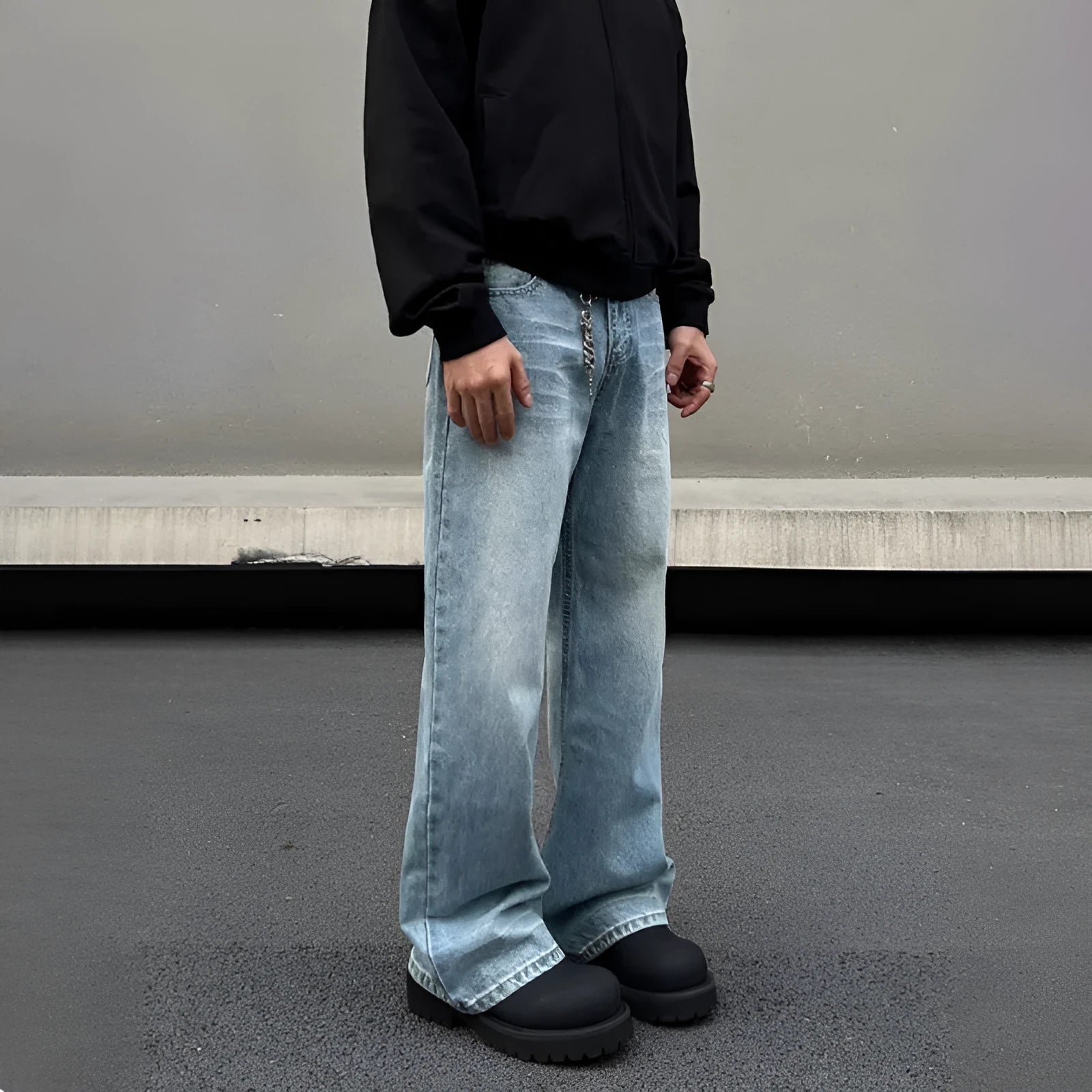 Men's blue retro whisker washed straight leg jeans with medium-high waist and flared leg