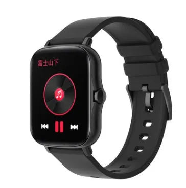 Black smart watch with 1.7-inch colour touchscreen on an adjustable strap, showing a fitness tracking interface.