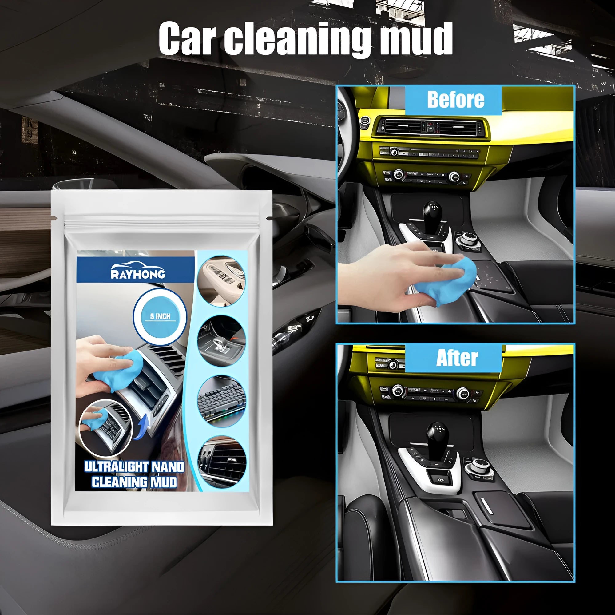 Pack of car cleaning mud for dust removal from vents and gaps, showing 20g compound.